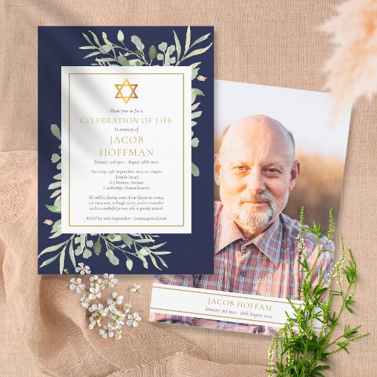 Jüdische Feier des Life Navy Blue Foliage Foto Einladung