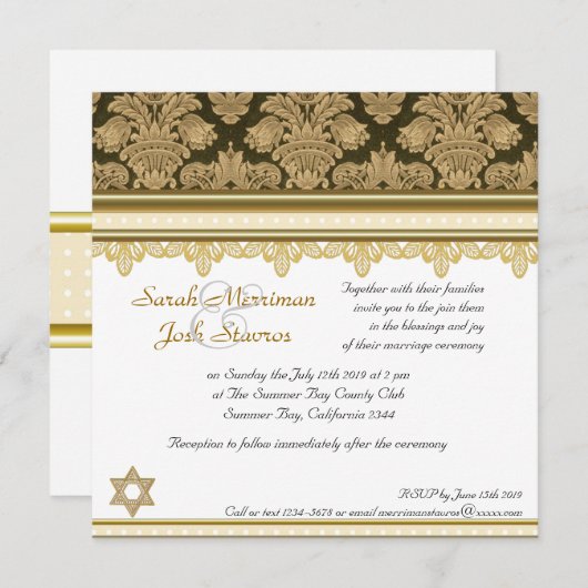 Jüdische Hochzeit des Golddamast-Brokats Einladung (Vorne/Hinten)