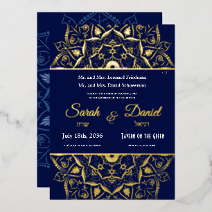 Jüdische Hochzeitseinladung Gold Mandala auf Blau Folieneinladung