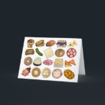 Jüdische Küche Feiertag Abendessen Fossilien Print Karte<br><div class="desc">Das Design zeigt eine originelle Abbildung einer Auswahl an beliebten Gerichten in jüdischer Küche, darunter: Babka, Bagel mit Sahnekäse und -lox, Rugelach, Blaubeeren-Blintzes, Hamantash, reuben Sandwich, Koscher-Dill-Pickle, Matzah, Spinatknish, Shakshuka, alles Bagel, Kokosmakaroon, israelischer Salat, Kugel, Kugel, Kugel ourekas, Rinderbrust, Latex mit saurer Creme, Matzo-Ball-Suppe, Sufganiyah und ein Laib mit herausforderndem...</div>