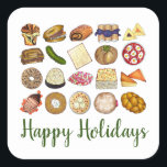 Jüdische Küche Happy Holidays Dinner Quadratischer Aufkleber<br><div class="desc">Das Design zeigt eine originelle Abbildung einer Auswahl an beliebten Gerichten in jüdischer Küche, darunter: Babka, Bagel mit Sahnekäse und -lox, Rugelach, Blaubeeren-Blintzes, Hamantash, reuben Sandwich, Koscher-Dill-Pickle, Matzah, Spinatknish, Shakshuka, alles Bagel, Kokosmakaroon, israelischer Salat, Kugel, Kugel, Kugel ourekas, Rinderbrust, Latex mit saurer Creme, Matzo-Ball-Suppe, Sufganiyah und ein Laib mit herausforderndem...</div>