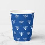 Jüdische Menorah blaues und weißes Muster Rosh Has Pappbecher<br><div class="desc">Jüdisches Menorahblau und weiß Muster Hanukkah,  Rosh Hashanah,  Bar mitzvah,  Fledermaus mitzvah,  Shabat,  jüdische Feiertage,  elegante Paper Cups</div>