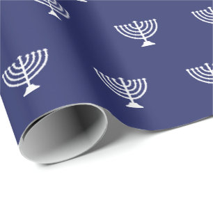 Jüdische Menorah Marine blaues Muster Hanukkah Geschenkpapier
