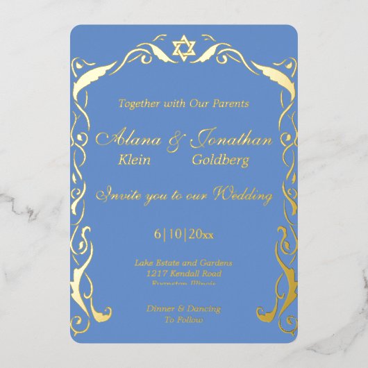 Jüdische Swirl-Rahmenhochzeit Folieneinladung (Vorderseite)