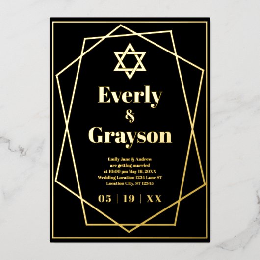 jüdischer geometrischer Rahmen Gold Wedding Foil I Folieneinladung (Vorderseite)