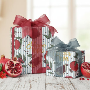 Jüdischer gestreifter blauer Shanah Tovah Granatap Geschenkpapier