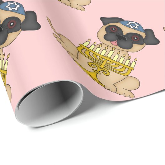 Jüdischer Mops Hund mit Menorah/Pale Pink Geschenkpapier (Rolleneckpunkt)