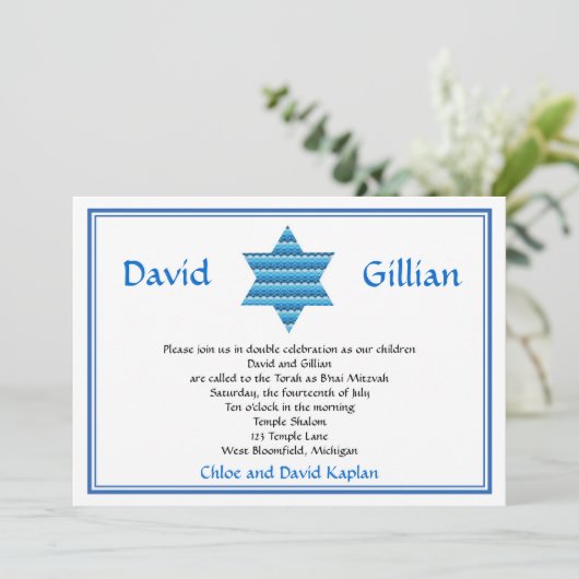 Jüdischer Star von David Twins Bar Mitzvah Einladu Einladung (Stehend Vorderseite)