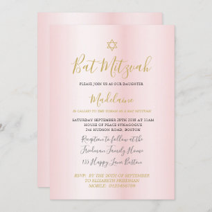 Jüdisches Bat Mitzvah Pink Gold Girls Hebräisch  Einladung