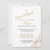 Jüdisches Bat Mitzvah Pink White Gold Hebräisch Einladung (Vorderseite)