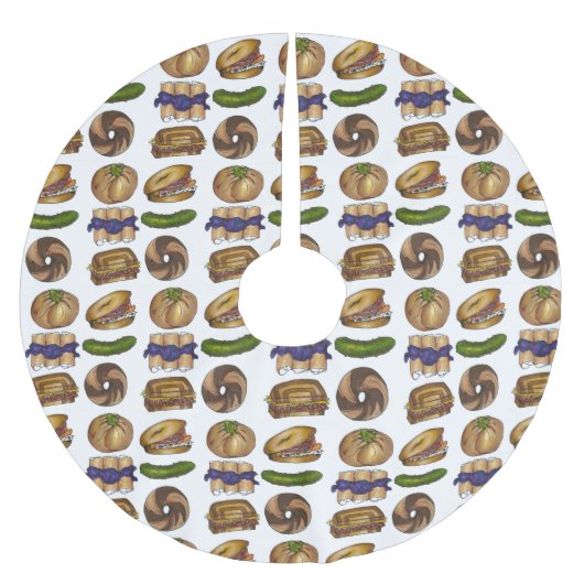 Jüdisches Deli Foods Pickle Knish Blintz Bagel Lox Polyester Weihnachtsbaumdecke (Vorderseite)