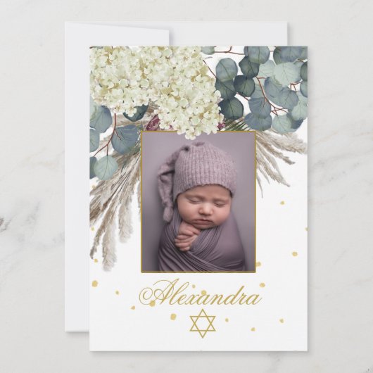 Jüdisches Girl Foto Baby-Benennung von Floral Gold Einladung (Rückseite)
