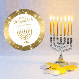 Jüdisches Happy Hanukkah aus Gold und Weiß Menorah Runder Aufkleber