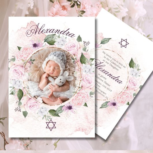 Jüdisches Mädchen-Baby-Benennung Pink Roses-Foto Einladung