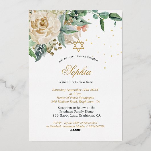 Jüdisches Mädchen Gold Baby Namensschild Roses Rel Folieneinladung (Rückseite)