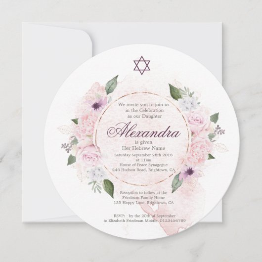 Jüdisches Mädchen mit rosa Rosen-Star des David Sq Einladung (Vorderseite)