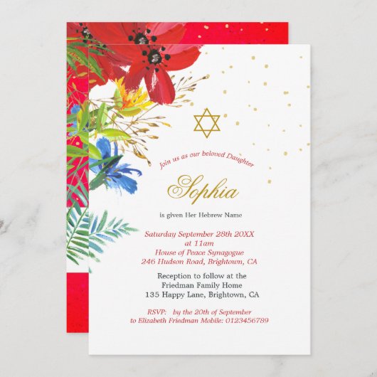 Jüdisches Mädchenjunges, das Rote Wilde Blume nenn Einladung (Vorne/Hinten)