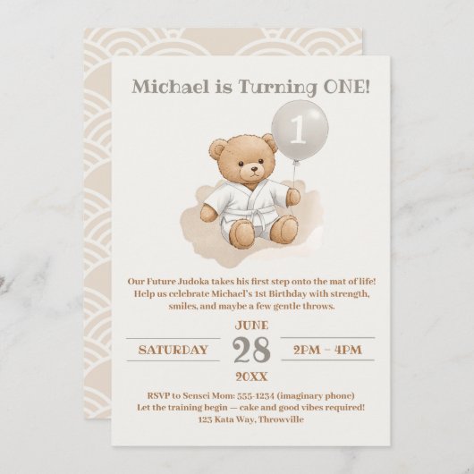 "Judo Bear’s First Belt" – 1st Birthday White Belt Einladung (Vorne/Hinten)