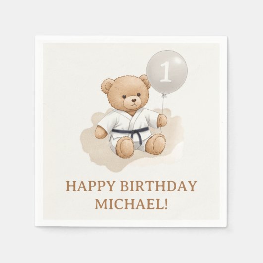 Judo Bear Turns One" – 1st Birthday 【Black-belt】 Serviette (Vorderseite)