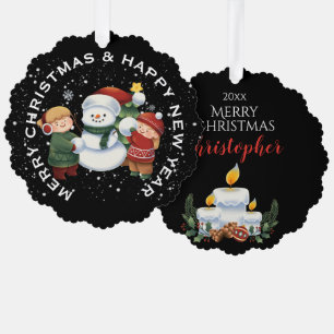 JUGEND & MÄDCHEN mit SNOWMAN , PERSONALISIERTE CHR Ornament Karte
