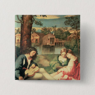 Jugend mit einem Sitzen der Gitarre und zwei Button