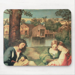 Jugend mit einem Sitzen der Gitarre und zwei Mousepad