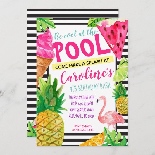 Jugendlich Pool-Party, Flamingo, Ananas-Einladung Einladung (Vorne/Hinten)