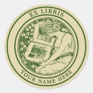 Jugendstil 1903 Frau & Buch Ex Libris Vorlage Runder Aufkleber