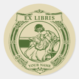 Jugendstil 1903 Mädchen & Buch Ex Libris Vorlage Runder Aufkleber