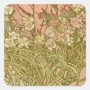 Jugendstil Alfonse Mucha Blüten Nelken Blumen Quadratischer Aufkleber