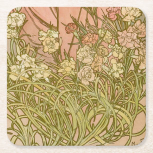 Jugendstil Alfonse Mucha Florale Nelkenblumen Rechteckiger Pappuntersetzer