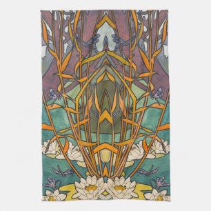 Jugendstil Alphonse Mucha Blumen Teich Libelle Geschirrtuch