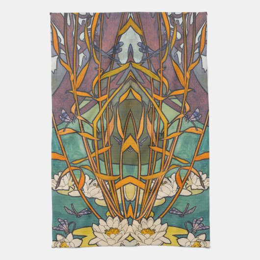 Jugendstil Alphonse Mucha Blumen Teich Libelle Geschirrtuch (Vertikal)