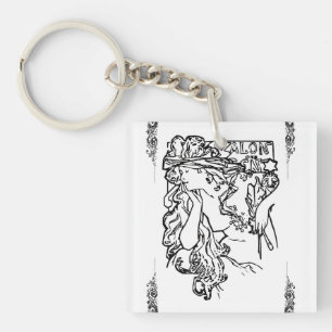 Jugendstil Alphonse Mucha Salon schwarz und weiß Schlüsselanhänger