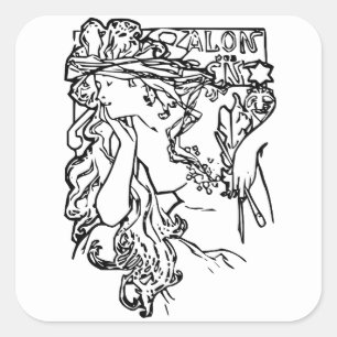 Jugendstil Alphonse Mucha Salon schwarz-weiß Quadratischer Aufkleber