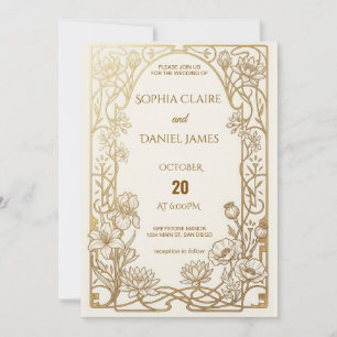 Jugendstil Antike Goldene Blumen Hochzeits-Einladu Einladung