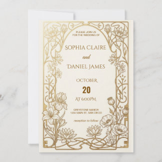 Jugendstil Antike Goldene Blumen Hochzeits-Einladu Einladung