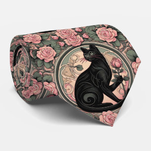 Jugendstil Art Deco Schwarze Katze mit rosa Rosen Krawatte