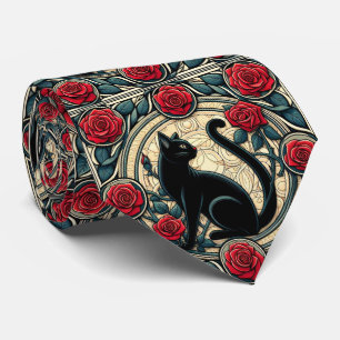Jugendstil Art Deco Schwarze Katze mit roten Rosen Krawatte