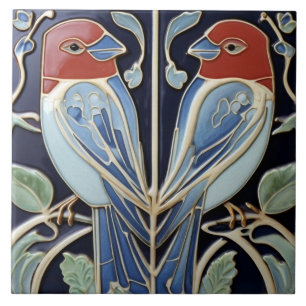 Jugendstil Art Deco Vögel - Roter blauer Papagei Fliese