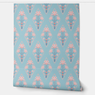Jugendstil Blau Rosa Botanisches Florales Muster Tapete