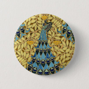 Jugendstil Blaues Pfauen-Blumenmuster Button