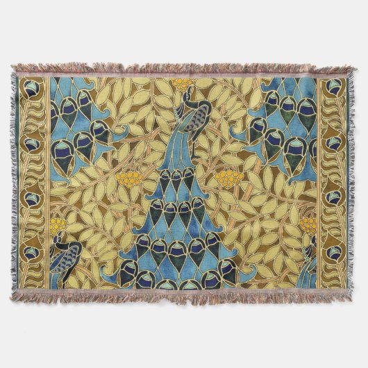 Jugendstil Blaues Pfauen Blumenmuster Decke (Vorderseite)