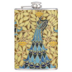 Jugendstil Blaues Pfauen-Blumenmuster Flachmann