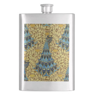 Jugendstil Blaues Pfauen Blumenmuster Flachmann