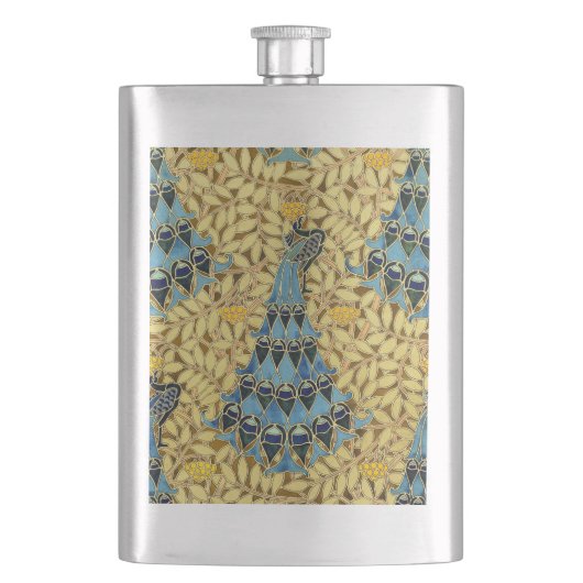 Jugendstil Blaues Pfauen Blumenmuster Flachmann (Vorderseite)