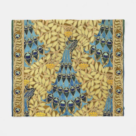 Jugendstil Blaues Pfauen-Blumenmuster Fleecedecke (Vorderseite (Horizontal))