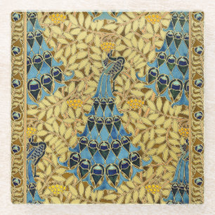 Jugendstil Blaues Pfauen Blumenmuster Glasuntersetzer