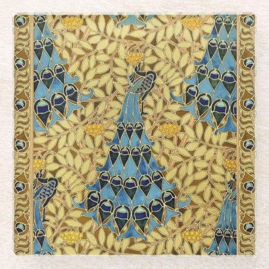 Jugendstil Blaues Pfauen Blumenmuster Glasuntersetzer (Vorderseite)