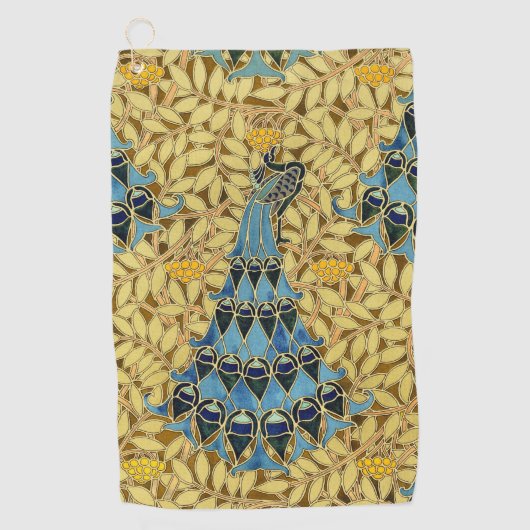 Jugendstil Blaues Pfauen Blumenmuster Golfhandtuch (Vorderseite)